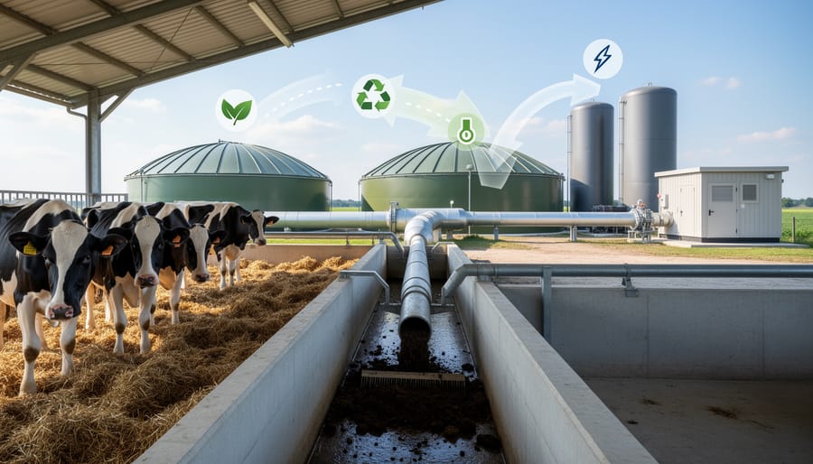 Anaerobic digester facility on a dairy farm with surrounding fields in the background.