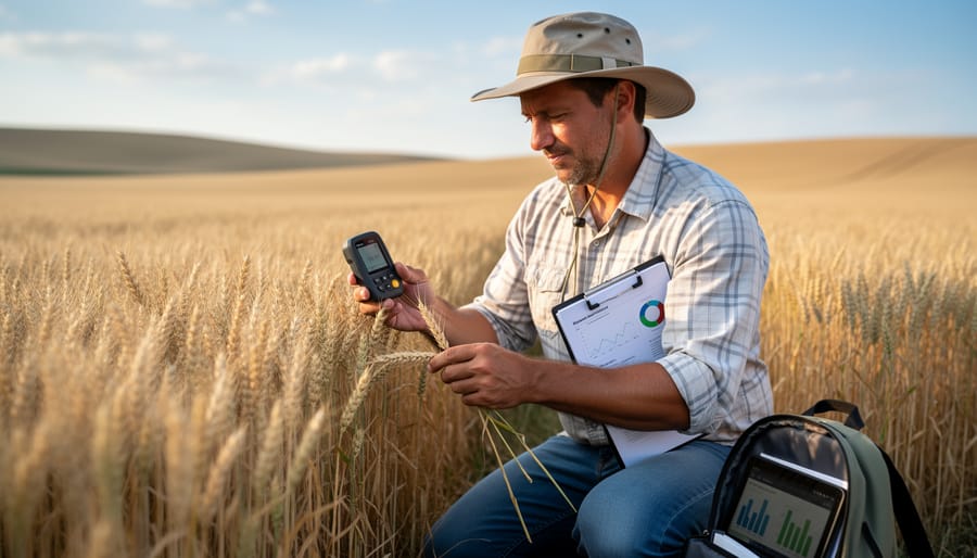Farmer holding a handheld diagnostic device in a Canadian wheat field while inspecting a specific crop area.
