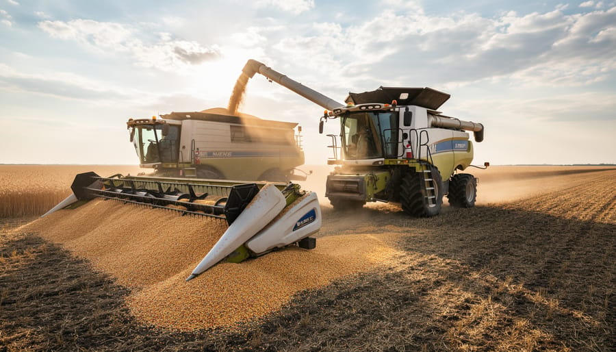 Harvest combine unloading grain into a truck on a prairie farm during golden hour.