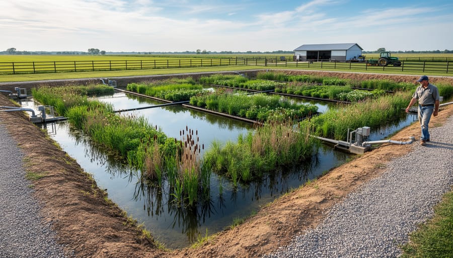 Constructed wetland pools with water plants and small ripples near a farm pathway.