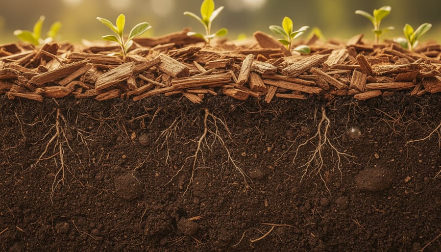 Close-up of healthy dark soil with decaying residue and fine roots in an eco mulching system.