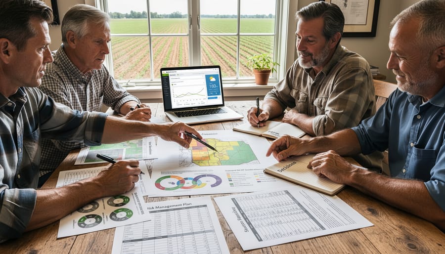 Farmer and agronomist reviewing blank planning materials near farm equipment at golden hour