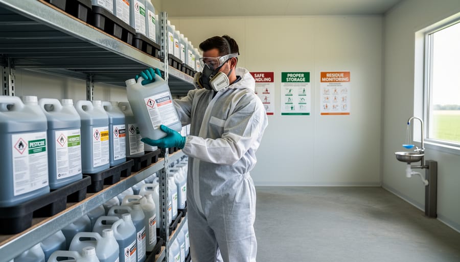 Farmer wearing protective gloves handling a sealed agrochemical container near a organized chemical storage area
