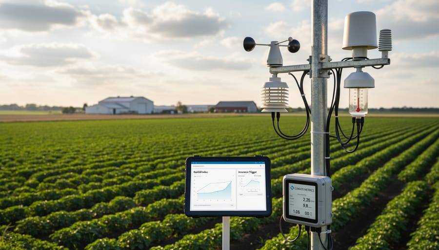 Farmer standing near a farm weather station while holding a smartphone