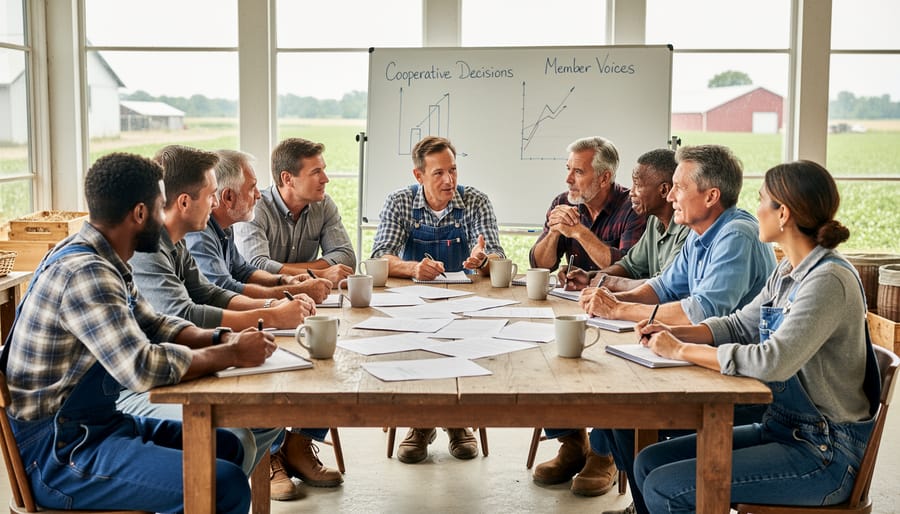 Farmers meeting together around a table in a barn, collaborating in a cooperative setting.