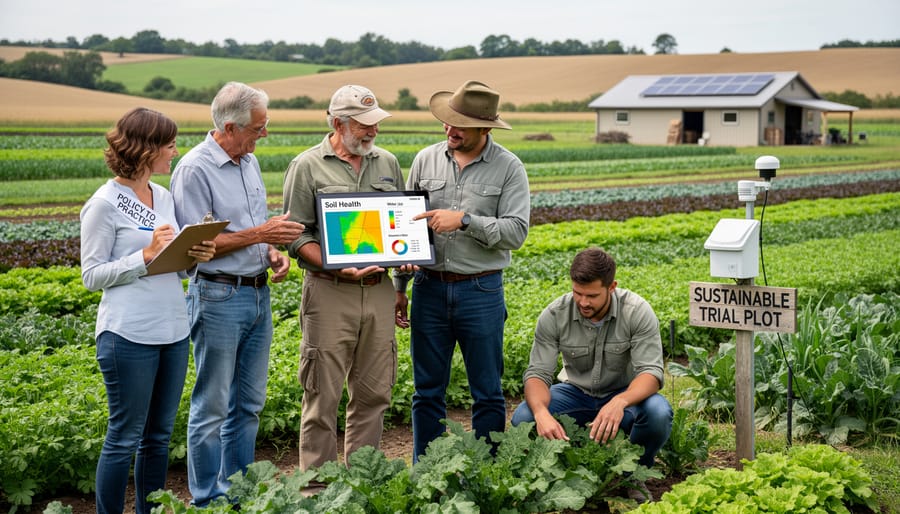 Farmer holding a tablet with another person in a Canadian farm field discussing crop rows.