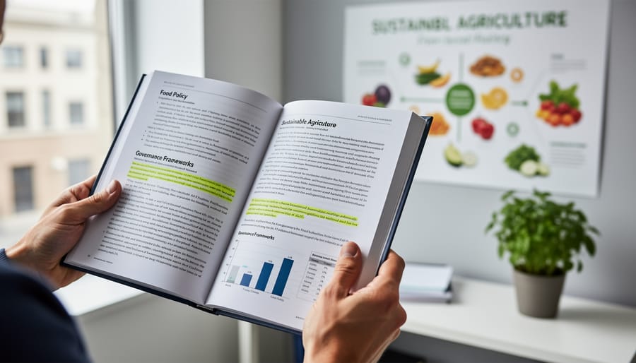 Close-up of hands holding an open agriculture and food policy journal on a desk with a laptop nearby.