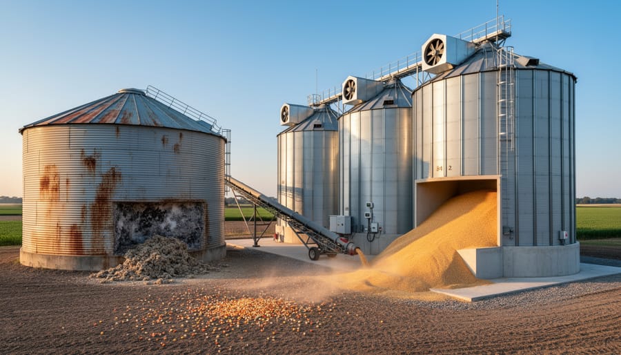 Close view of grain bin aeration equipment and fan system inside a storage area.