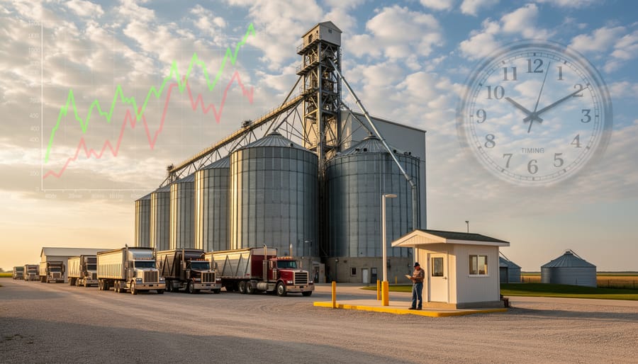 Grain elevator at dusk with glowing work light and grain wagons in the foreground