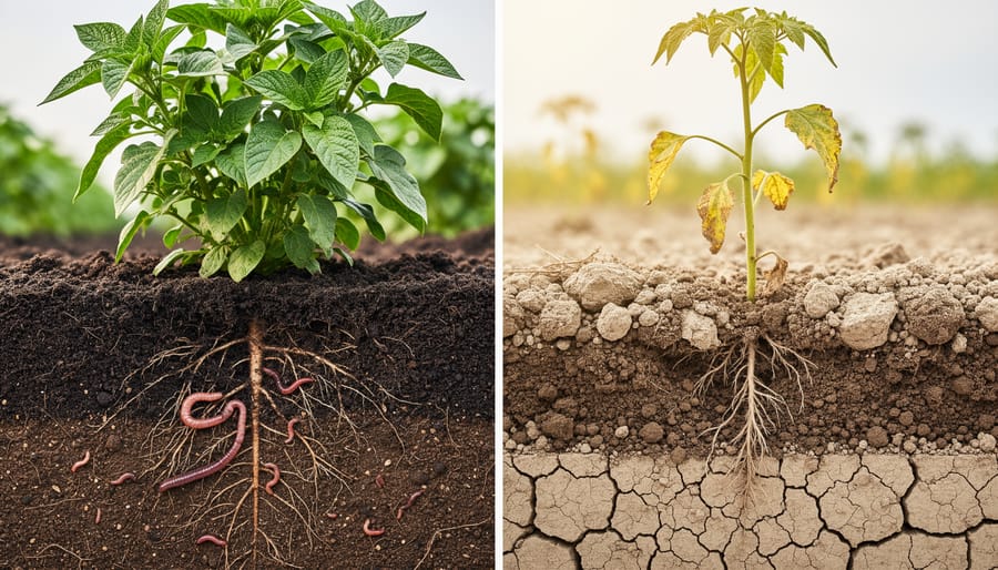 Close-up view of dark healthy soil with visible roots and earthworm activity