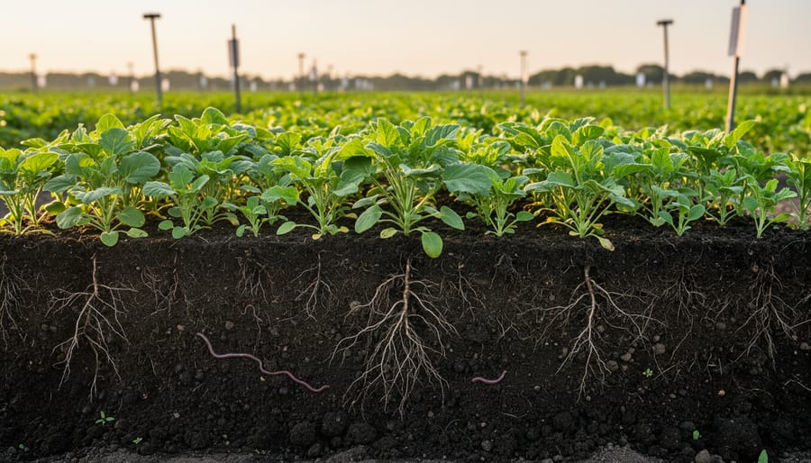 Close-up of dark healthy soil with earthworms and roots near a young crop plant.