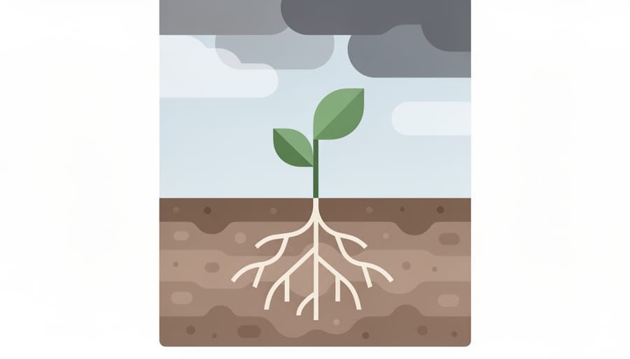 Close-up of fertile dark soil and wheat roots held with a trowel in a field
