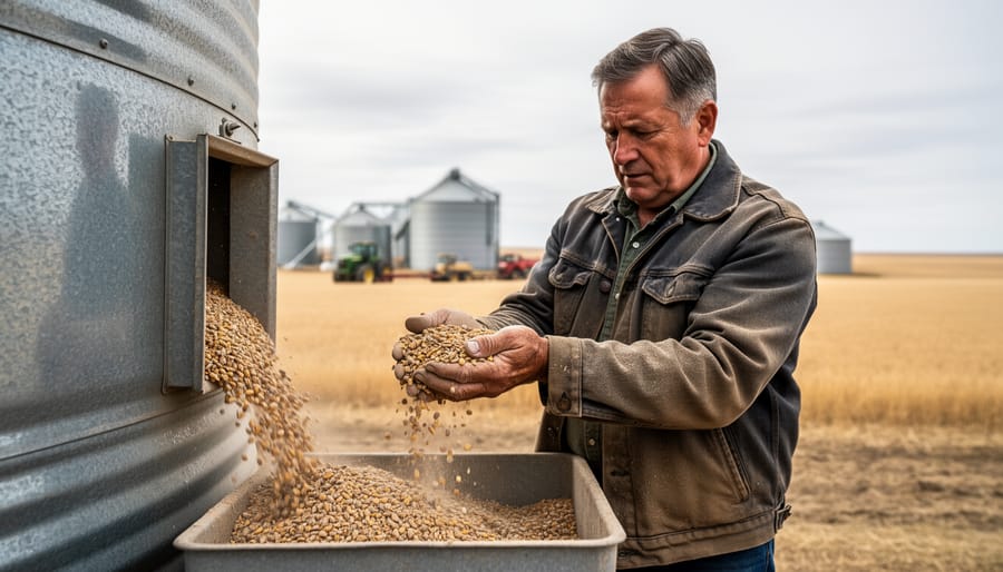 Close-up of a farmer’s gloved hands holding moldy, discolored wheat kernels above a grain bin.