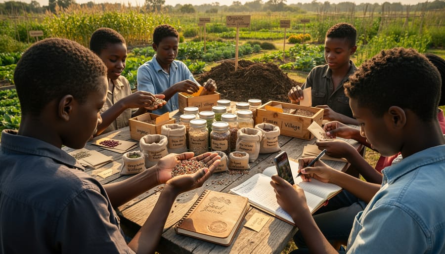 Youth hands holding native seeds and dried plant leaves above dark soil during golden-hour prairie light.