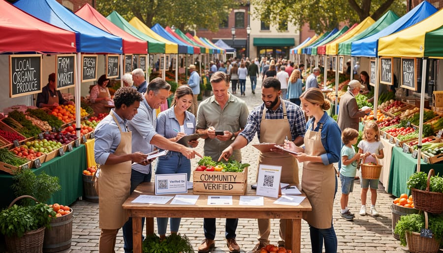 Organic produce displayed at a farmers’ market as a farmer and customers talk.