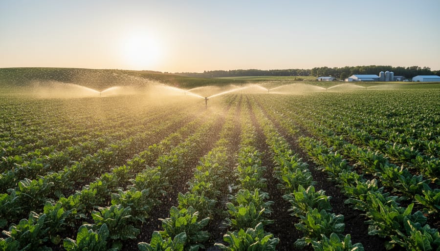 Pivot irrigation spraying water over a crop field in a Canadian landscape at golden hour.