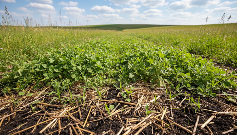 Living cover crop and surface residue mulch forming a protective green strip in a Canadian field.