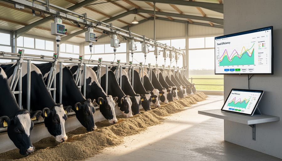 Precision dairy feeding equipment near the feed bunk with farm buildings and forage blurred in the background.