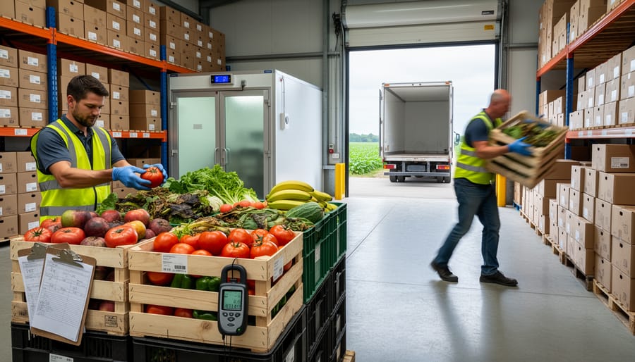 Farmer inspecting crates of produce at a refrigerated loading dock.