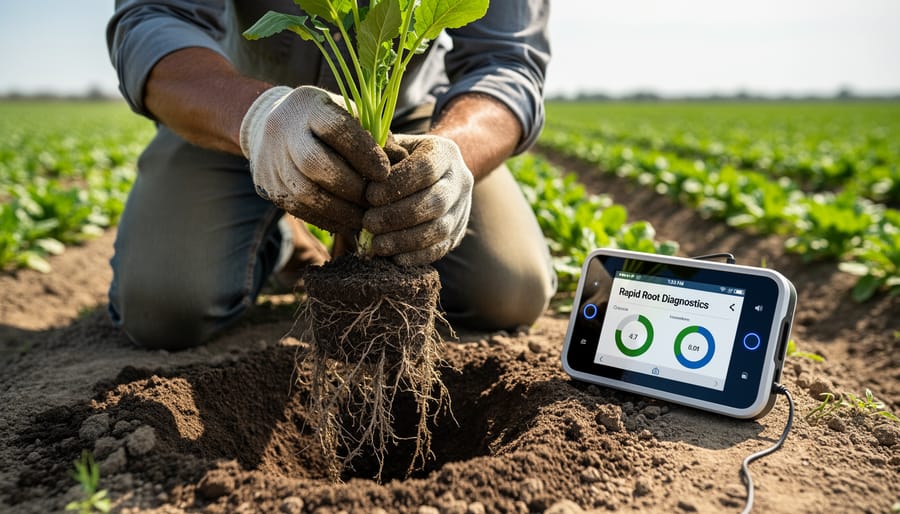 Agronomist examining soil and plant roots at an organic farm, with greenhouse or farm equipment blurred in the background.