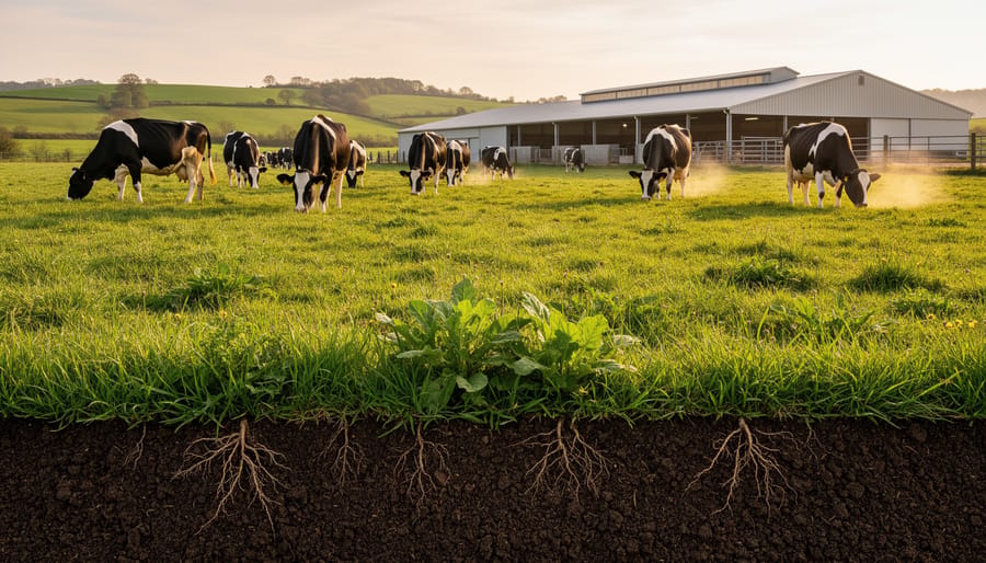 Cows grazing on a well-managed green pasture with healthy dark soil in the foreground.