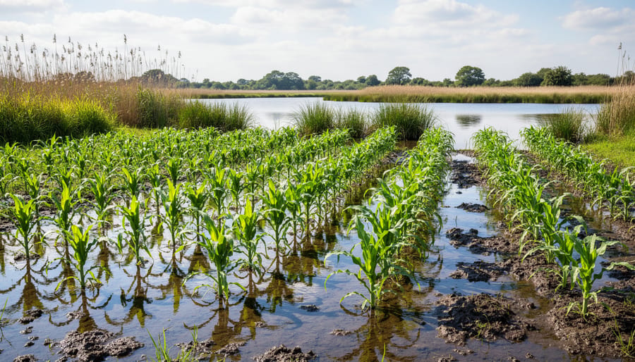 Vegetation growing in dark saturated soil with shallow standing water at the edge of a wetland.