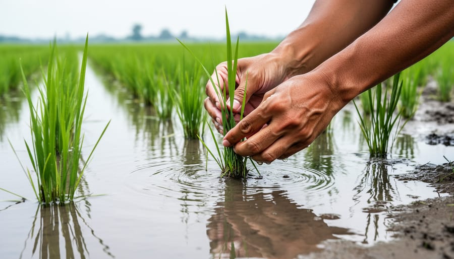 Farmer hands and boots working around wild rice growing in shallow clear water.