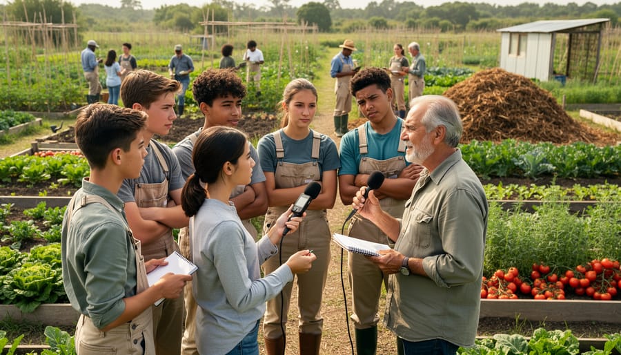 Youth researchers interviewing an organic farmer in front of a greenhouse and recording crop observations.
