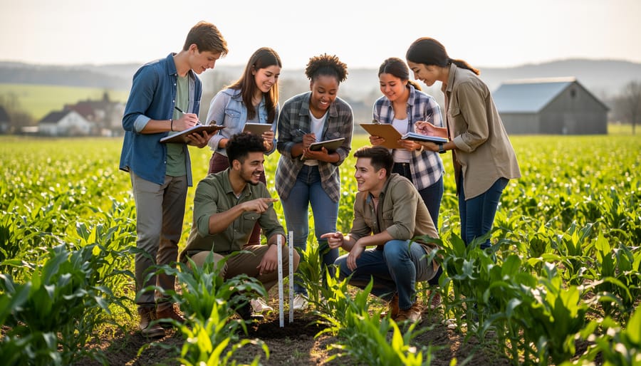 Youth researchers in field clothing walking through an organic grain plot while carrying soil sample supplies and notebooks.