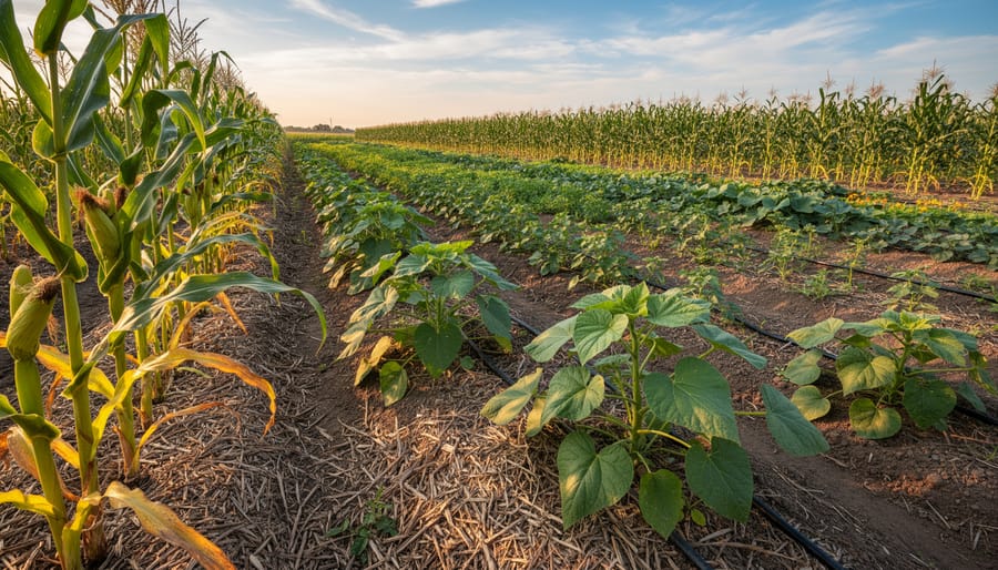 Corn, bean, and squash plants growing together in a dryland garden setting with mulch and natural soil