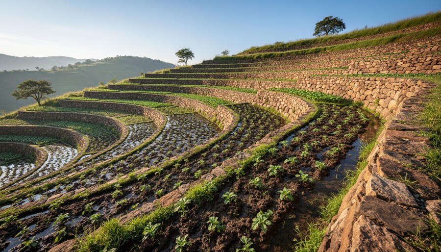 Stone terraced agricultural field edge with compacted earth and small patches of green growth under warm sunlight