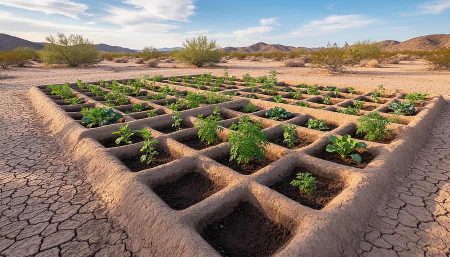 Waffle garden beds arranged in a sunken grid with small planting cells and thriving plants in dry, arid soil